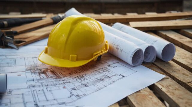 close up view of Yellow safety helmet placed on rolled-up blueprints, with scattered wood planks nearby, with copy space. Bright daylight. Construction site under development background.
