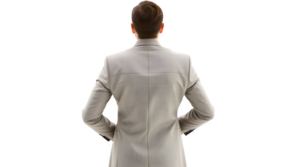 A stylish individual dressed in a light-colored suit stands with hands clasped behind, showcasing a modern and sophisticated silhouette.