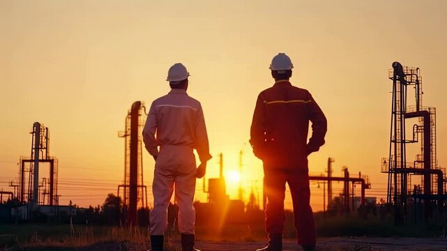 Two engineers at black oil factory at sunset, conceptual video