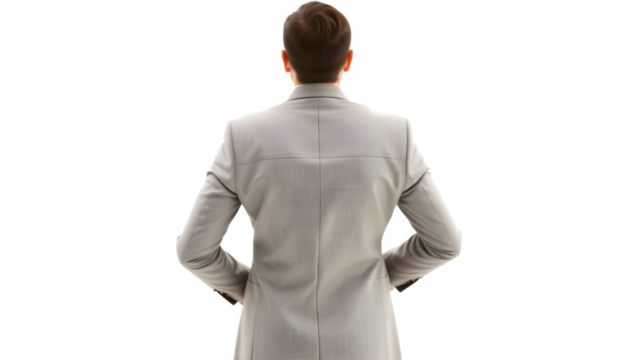 A stylish individual dressed in a light-colored suit stands with hands clasped behind, showcasing a modern and sophisticated silhouette.