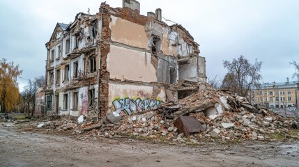 Fototapeta premium Ruined buildings with cracked walls surrounded by debris create a haunting urban landscape. Generative AI