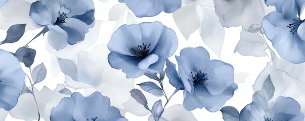 Elegant blue floral pattern with watercolor flowers and leaves