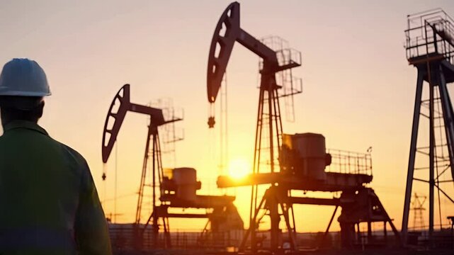 Two engineers at black oil factory at sunset, conceptual video
