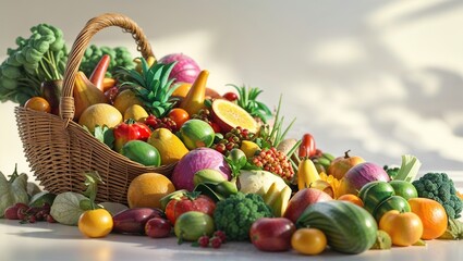 An abundant assortment of colorful fruits and vegetables spills from a woven basket, showcasing their freshness against a warm, sunlit background in a bright space