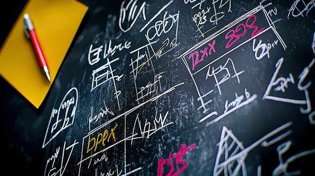 Chalkboard Filled with Complex Diagrams, Equations, and Notes - Brainstorming Session