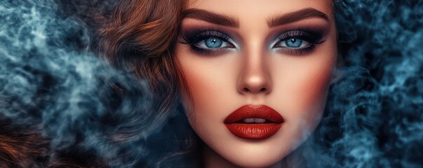 Fototapeta premium Glamorous caucasian female with dramatic makeup in smoke