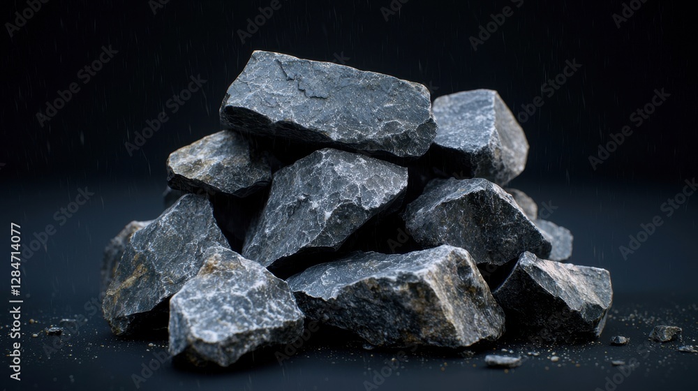 Poster a grouping of dark gray stones is stacked on top of each other, showcasing their rough surfaces and 