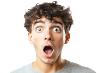 Young man with expression of surprise on his face, eyes wide open and mouth ajar, isolated on white background