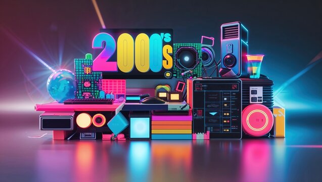 An engaging assemblage showcases iconic items from the 2000s, including technology and colorful graphics, creating a lively tribute to the era’s culture