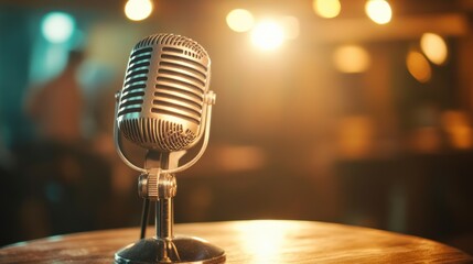 Vintage microphone on wooden table in dimly lit bar