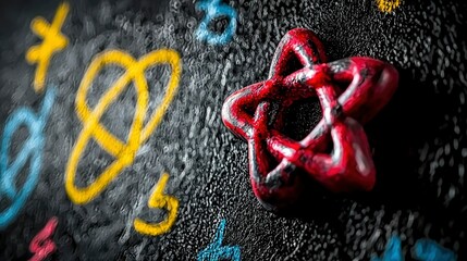 Abstract Atom Symbol on Chalkboard with Mathematical Formulas