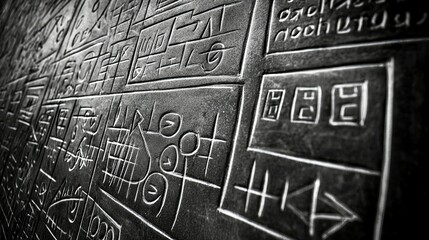 Ancient Hieroglyphs Carved in Stone Black and White Close-Up Texture