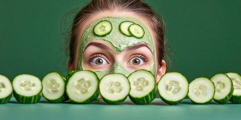 Woman applying cucumber face mask with a surprised expression.