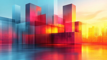 Fototapeta premium Abstract Cityscape with Colorful Glass Structures at Sunset
