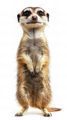 A cute meerkat isolated on a white background, showcasing its curious expression and small size. Ideal for animal, wildlife, and nature-themed content.
