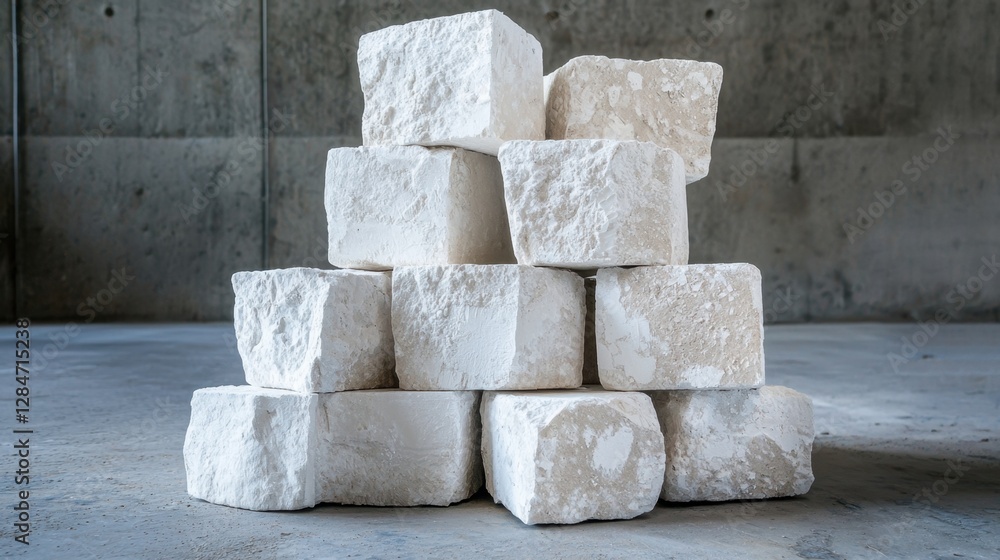 Aufkleber a pyramid of white blocks is arranged on a smooth concrete floor against a plain gray wall. this com