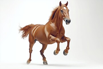 Naklejka premium A horse with chestnut brown fur is running without restraint on a pristine white background