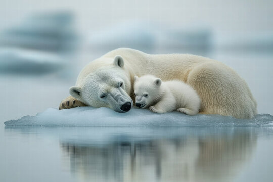 Polar bear mother and cub nuzzling each other