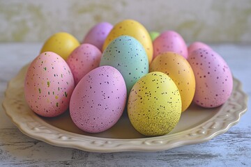 A collection of colorful Easter eggs in various pastel hues, ready for celebration.