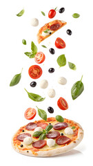 ingredients for pizza floating in the air on white
