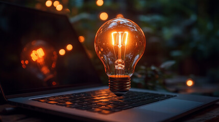 A floating light bulb above a laptop symbolizes creativity, technology innovation, and startup ideas, representing the spark of new business concepts and entrepreneurial spirit
