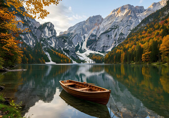 Obraz premium Tranquil lake scene in autumn. Wooden boat floats peacefully on calm water. Mountains, colorful autumn trees surround lake. Peaceful, serene atmosphere. Perfect for nature lovers, travel enthusiasts.