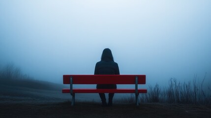 A woman sits on a red bench in the fog, enjoying the tranquility of the evening.