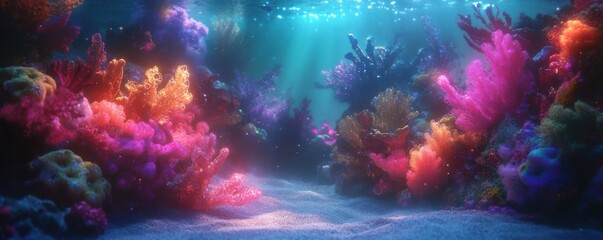 Vibrant underwater coral reef with colorful marine life in sunlit ocean depths