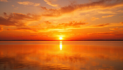 Obraz premium Sunset over tranquil lake reflecting orange sky