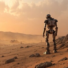 A robot stands alone in a desert landscape, surrounded by scattered rocks under a clear blue sky.