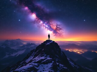 Person on Snow-Covered Mountain Peak Under Vibrant Milky Way Sky - Nature and Cosmic Beauty