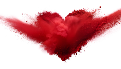 red color powder explosion in heart shape for love romance and relationship isolated on white transparent background