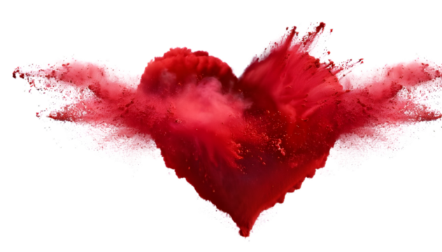 red color powder explosion in heart shape for love romance and relationship isolated on white transparent background