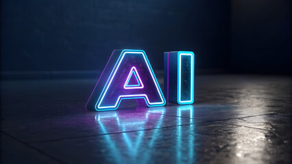 a futuristic high tech glowing icon with 3d AI neon logo on black