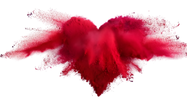 red color powder explosion in heart shape for love romance and relationship isolated on white transparent background