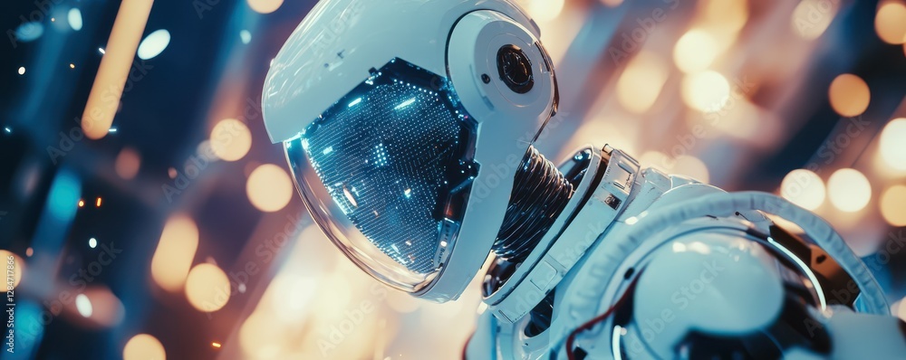 Poster futuristic white robot with led face in a neon-lit environment