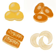 set of sweetsA set of hand-drawn snack icons featuring traditional Indonesian treats. Includes cheese sticks, round biscuits, egg-shaped cookies, and crescent-shaped crackers. Perfect for culinary des