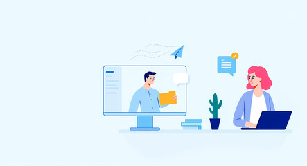 woman on laptop in conference with man sharing folder