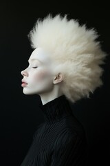Side view photo of a beautiful albino woman with afro hair, wearing black jacket on a black background