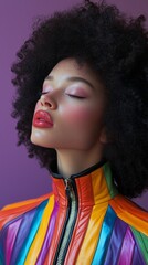 Photo of a beautiful girl with afro hair, wearing rainbow leather jacket, eyes closed, on purple background