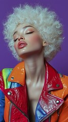 Photo of a beautiful girl with afro hair, wearing rainbow leather jacket, eyes closed, on purple background