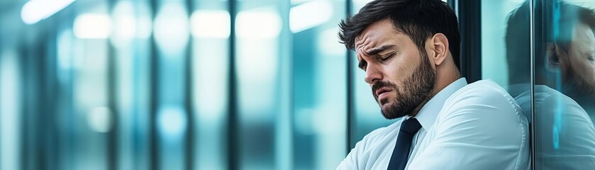 Fototapeta premium A businessman leaning against a glass office wall, distressed by stock market crash