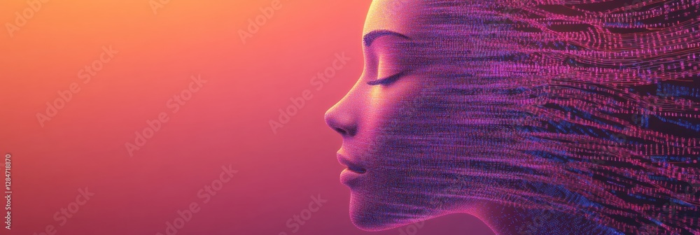 Poster Human face silhouette transforming into binary code stream in futuristic AI visualization. Generative AI