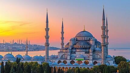 Obraz premium Stunning View of Mosque at Sunset Overlooking the Bosphorus in Istanbul with Vibrant Skies and Reflections on Water