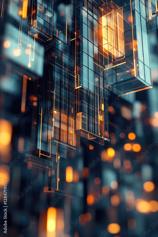 Poster tall digital tower with intricate design and glowing lights representing advanced technology and inf
