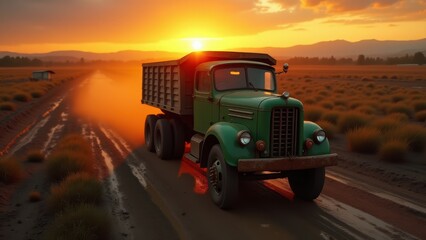 Fototapeta premium Farmer truck, Old green farmer truck driving through muddy terrain at sunset bird's-eye view warm glow hyper-realistic textures