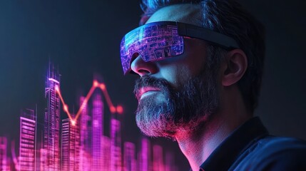 Man using VR headset, analyzing data, cityscape background