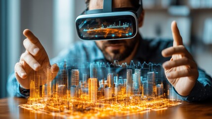 Man using VR headset designs city, office background
