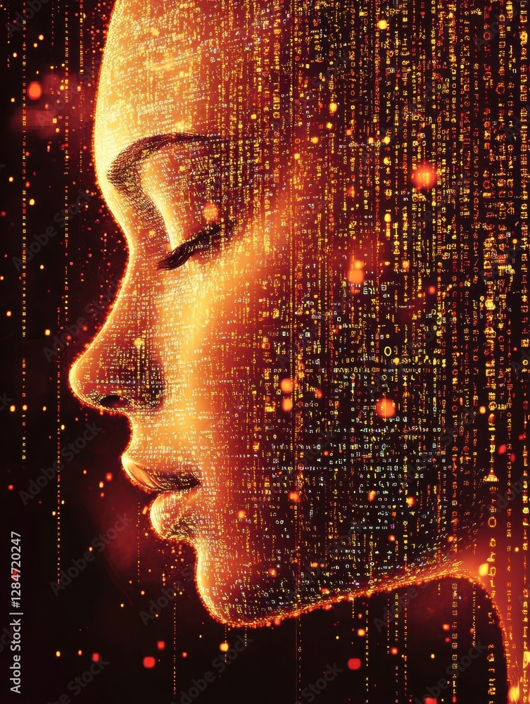 Poster Human face outline transforming into binary code representing artificial intelligence in a futuristic digital landscape. Generative AI