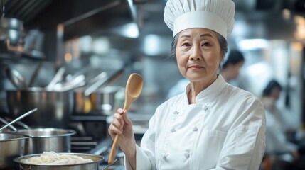 A senior Asian female chef stands confidently in her professional kitchen, proudly holding a wooden spoon. Her expertise and dedication to culinary arts shine through.